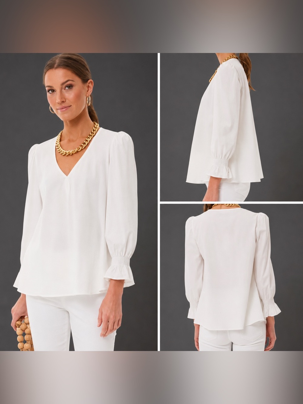 Pomander Place Easton Swing V Neck Long Sleeve Blouse in White Small Cotton